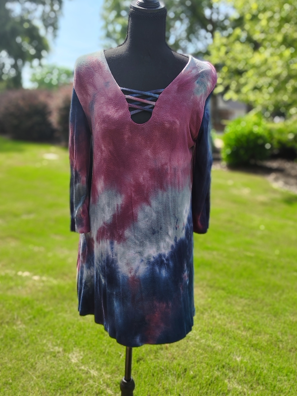 Crisscross V-Neck Tie-Dye Camisole Tunic - Pink & Blue